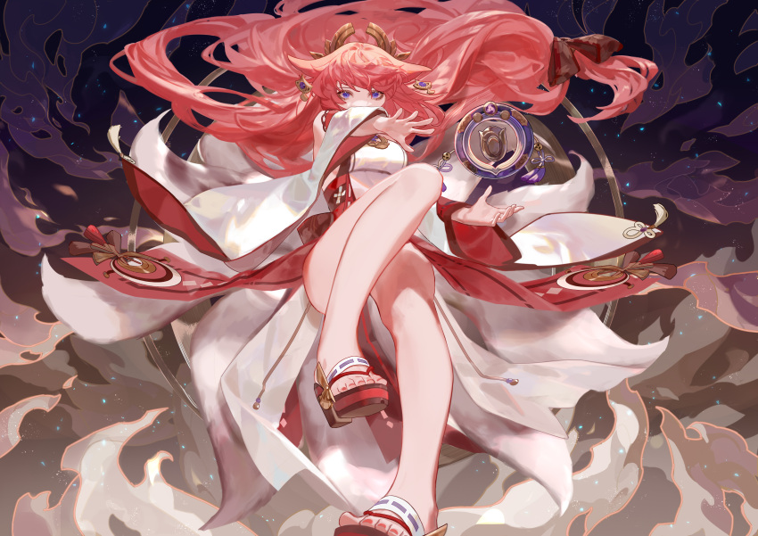 1girl absurdres bare_legs bare_shoulders breasts detached_sleeves floating floating_hair genshin_impact hair_ornament highres japanese_clothes long_hair long_sleeves looking_at_viewer low-tied_long_hair miko nail_polish pink_hair red_nails shoes solo toes very_long_hair waro wide_sleeves yae_(genshin_impact)