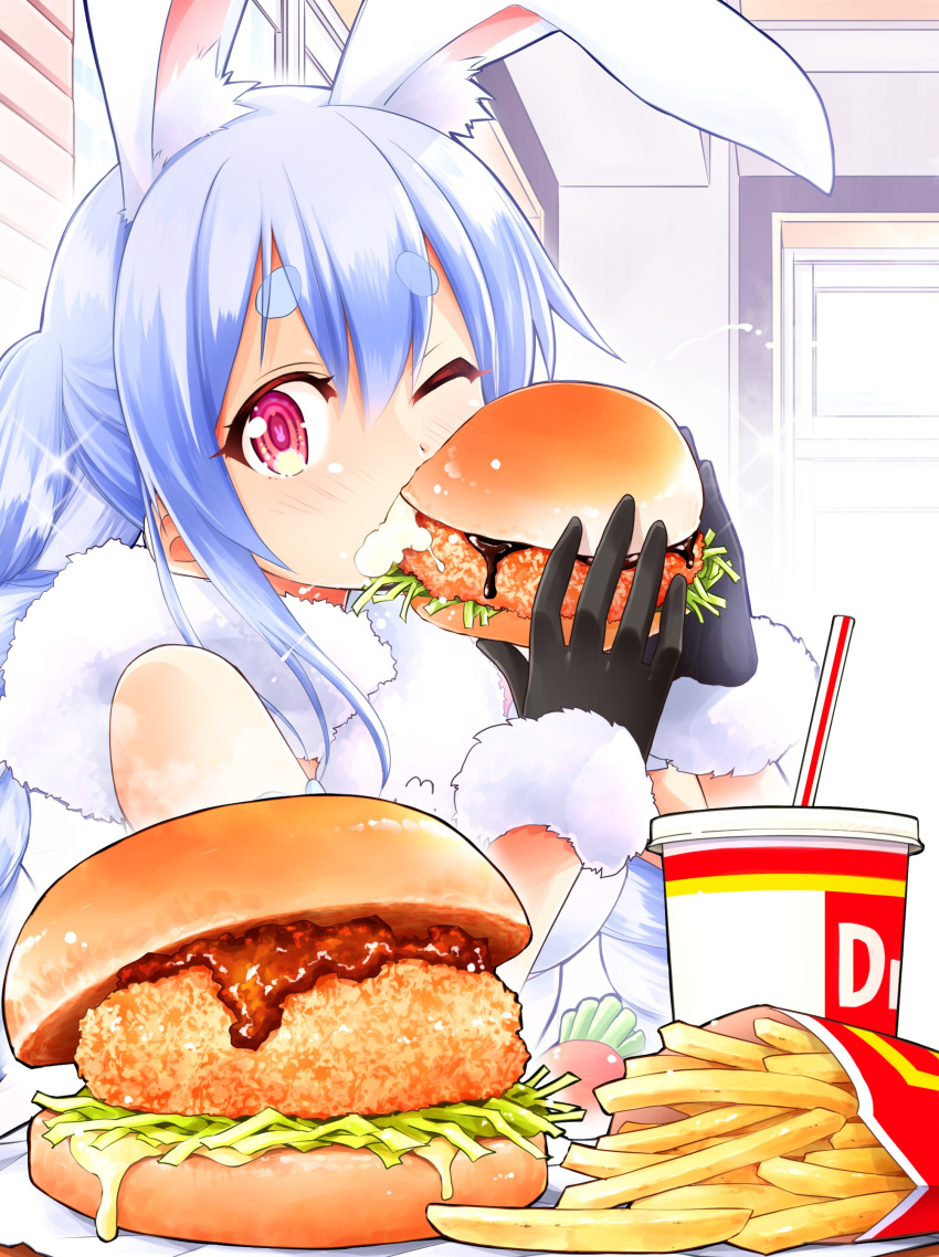 1girl absurdres animal_ear_fluff animal_ears bangs black_gloves blue_hair blush burger commentary_request cup disposable_cup don-chan_(usada_pekora) drinking_straw eating eyebrows_visible_through_hair food french_fries gloves highres holding holding_food hololive indoors long_hair looking_at_viewer one_eye_closed ooranokohaku pink_eyes rabbit_ears sandwich short_eyebrows sideways_glance solo thick_eyebrows upper_body usada_pekora virtual_youtuber