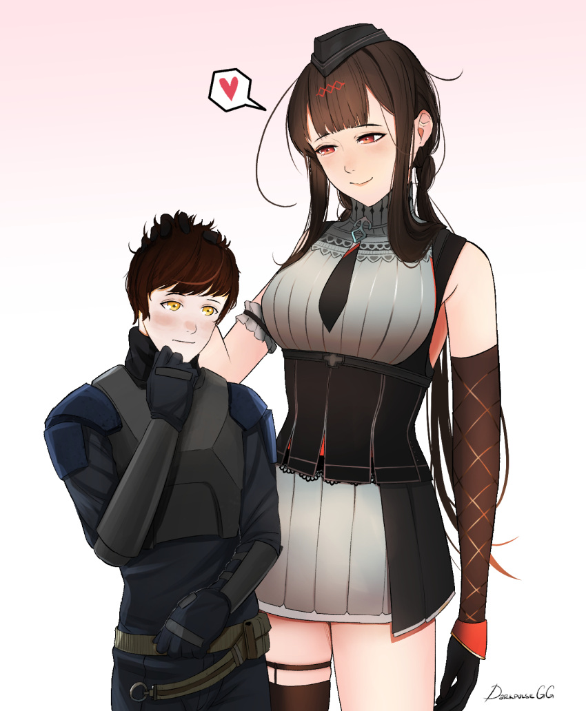 1boy 1girl armor artist_name bangs black_gloves black_headwear blush brown_hair closed_mouth commander_(girls'_frontline) darkpulsegg dress dsr-50_(girls'_frontline) elbow_gloves eyebrows_visible_through_hair feet_out_of_frame girls_frontline gloves hair_ornament hairclip hand_on_own_chin hand_on_own_head heart heart_print highres long_hair looking_at_another red_eyes short_hair smile standing uniform white_background white_dress yellow_eyes