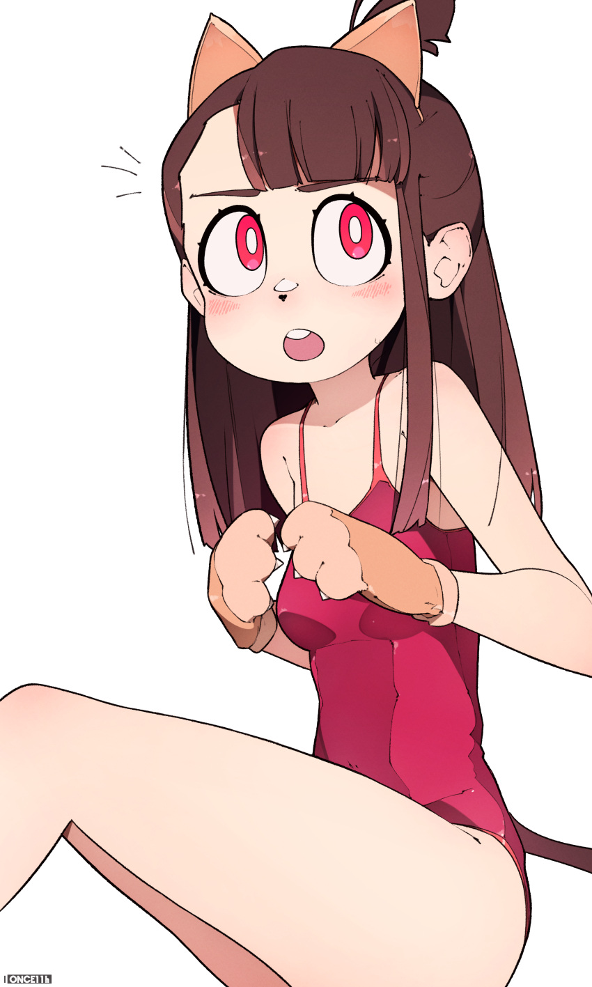 1girl absurdres animal_ears animal_hands bangs bare_shoulders breasts brown_hair highres kagari_atsuko little_witch_academia long_hair looking_at_viewer looking_away looking_up medium_breasts on_floor once_11h open_mouth own_hands_together red_eyes red_swimsuit simple_background sitting solo swimsuit tied_hair white_background