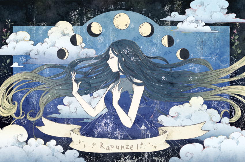 1girl absurdres banner black_hair blonde_hair blue_background blue_dress border character_name closed_eyes clouds cocoroppy commentary crescent_moon dress facing_to_the_side floating_hair flower full_moon gradient_hair hand_on_own_chest hand_up highres image_fill long_hair moon moon_phases multicolored_hair original pink_flower profile rapunzel rapunzel_(grimm) roman_numeral sleeveless sleeveless_dress solo star_(sky) tower very_long_hair