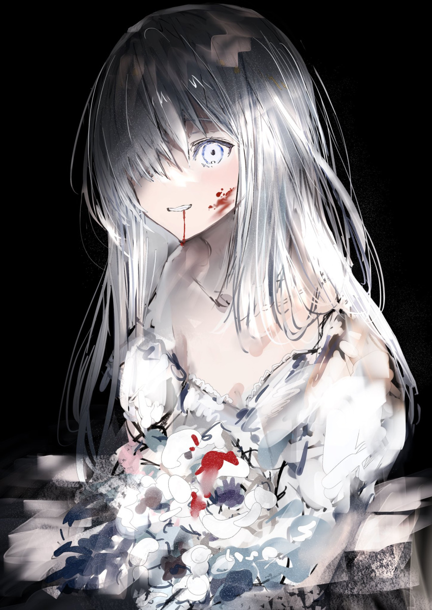 1girl black_background blood blood_on_face commentary_request dress flower hair_over_one_eye highres long_hair looking_at_viewer nanaponi original parted_lips silver_hair simple_background solo upper_body white_dress white_eyes white_flower