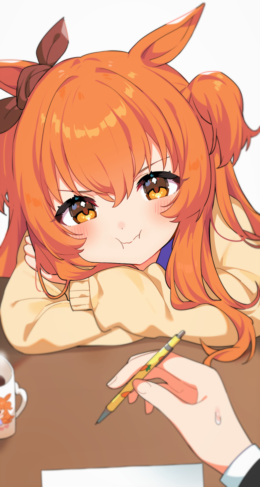 1girl animal_ears blush coffee coffee_mug cup hair_between_eyes highres holding holding_pencil horse_ears horse_girl inuyama_nanami long_hair long_sleeves mayano_top_gun_(umamusume) mechanical_pencil mug orange_eyes orange_hair paper pencil pout simple_background solo_focus two_side_up umamusume white_background