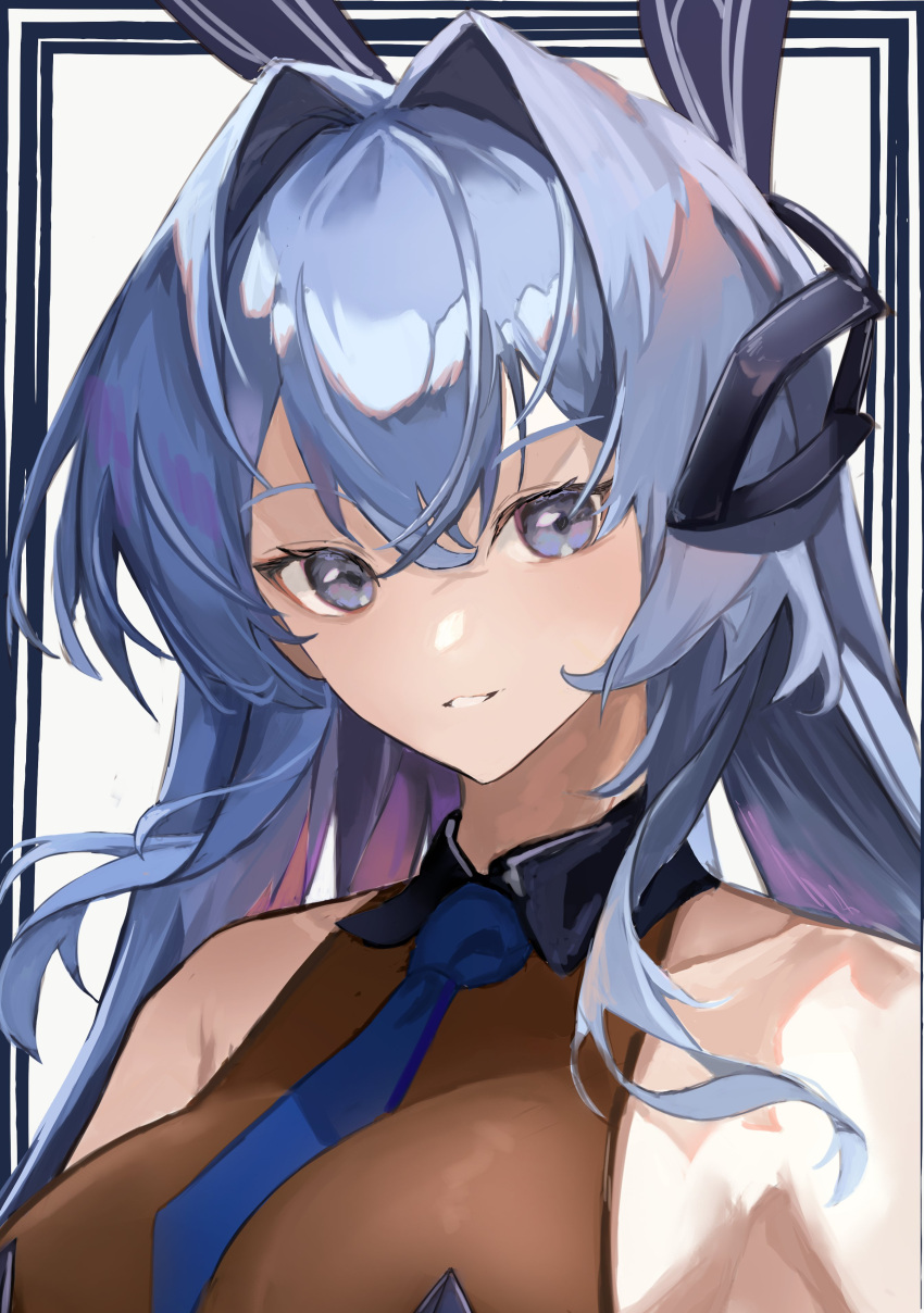 absurdres az'ruler azur_lane blue_border blue_eyes blue_hair blue_necktie blue_ribbon border breasts collarbone eyebrows_visible_through_hair hair_intakes hair_ribbon head_tilt highres large_breasts looking_at_viewer necktie new_jersey_(azur_lane) new_jersey_(exhilarating_steps!)_(azur_lane) outside_border parted_lips ribbon smile white_background