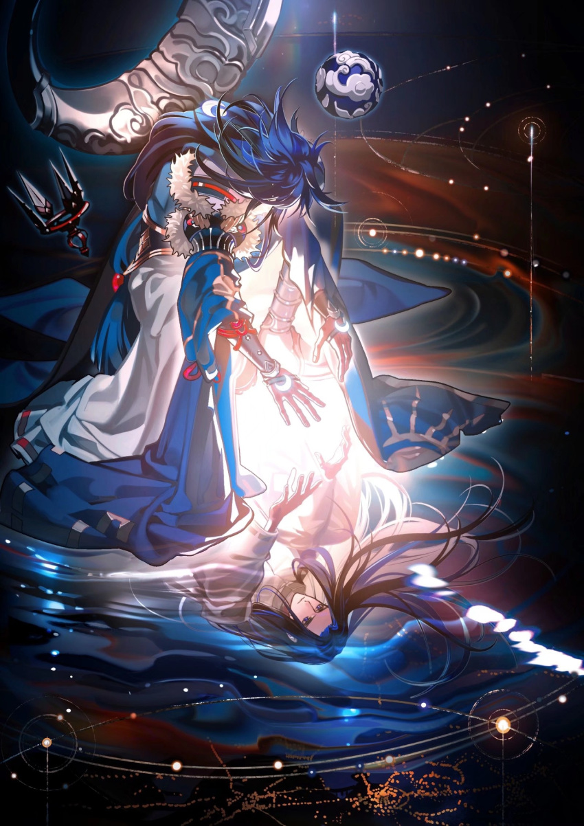 1boy crescent_moon dark_blue_hair different_reflection dual_persona floating floating_hair floating_object glowing highres japanese_clothes kneeling light long_hair looking_at_another looking_down male_focus moon onmyoji outstretched_hand reaching reflection ripples space susabi_(onmyoji) tuotuo