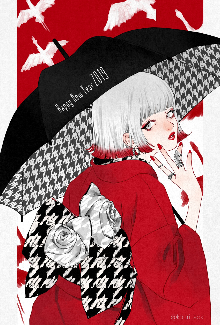 1girl 2019 aoki_kouri bangs bird blunt_bangs blunt_ends bob_cut claw_ring earrings eyeshadow flower from_behind happy_new_year highres houndstooth japanese_clothes jewelry kimono limited_palette lips lipstick looking_back looking_to_the_side makeup multicolored_hair nail_polish nengajou new_year original ring rose short_hair twitter_username two-tone_hair umbrella