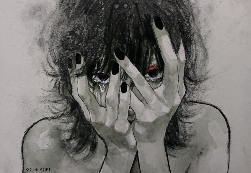 1girl aoki_kouri artist_name black_nails covering_face crying crying_with_eyes_open eyeshadow hands highres looking_at_viewer makeup medium_hair monochrome nail_polish original portrait solo spot_color tears topless traditional_media