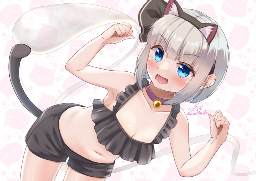 1girl animal_ears animal_hands arms_up artist_name bangs bare_shoulders bell black_bra black_hairband black_shorts blue_eyes blush bra breasts cat_ears cat_tail choker eyebrows_visible_through_hair fake_animal_ears fake_tail fang fangs ghost grey_hair hair_between_eyes hairband hands_up konpaku_youmu konpaku_youmu_(ghost) looking_at_viewer medium_breasts navel neck_bell open_mouth pink_background purple_choker rital short_hair shorts signature smile solo standing stomach tail tongue touhou underwear white_background