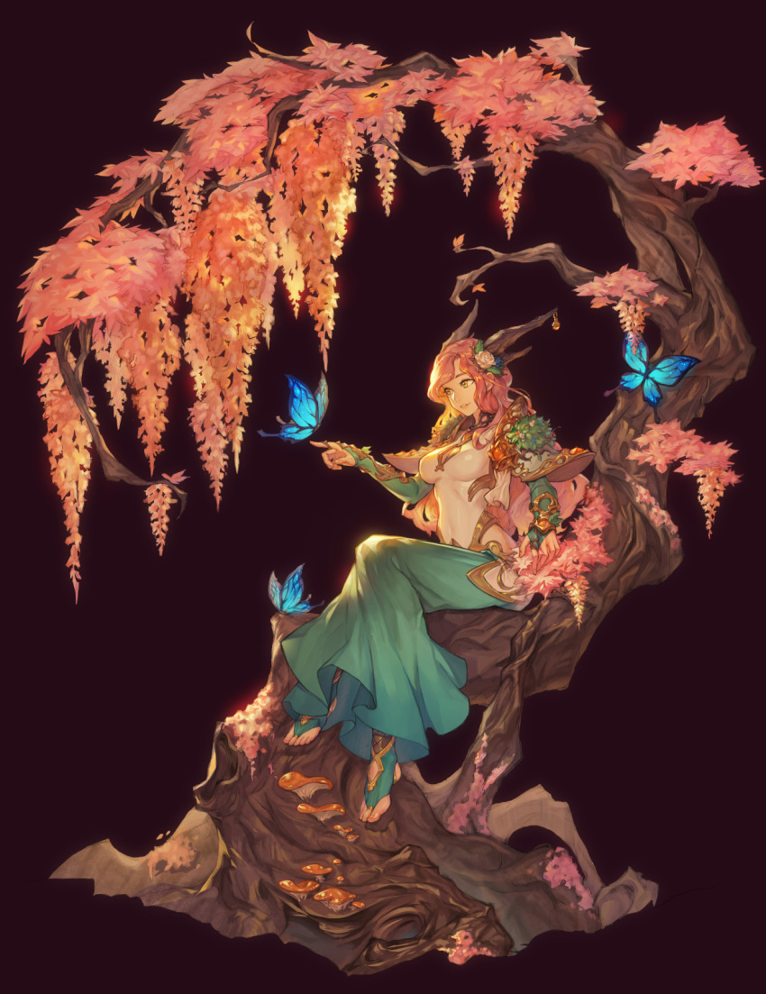 1girl armor barefoot bug butterfly dress f.k_(hs225kr) flower green_dress green_sleeves hair_flower hair_ornament highres horns in_tree looking_at_animal mushroom original pink_hair shirt shoulder_armor sitting sitting_in_tree smile tree white_shirt yellow_eyes