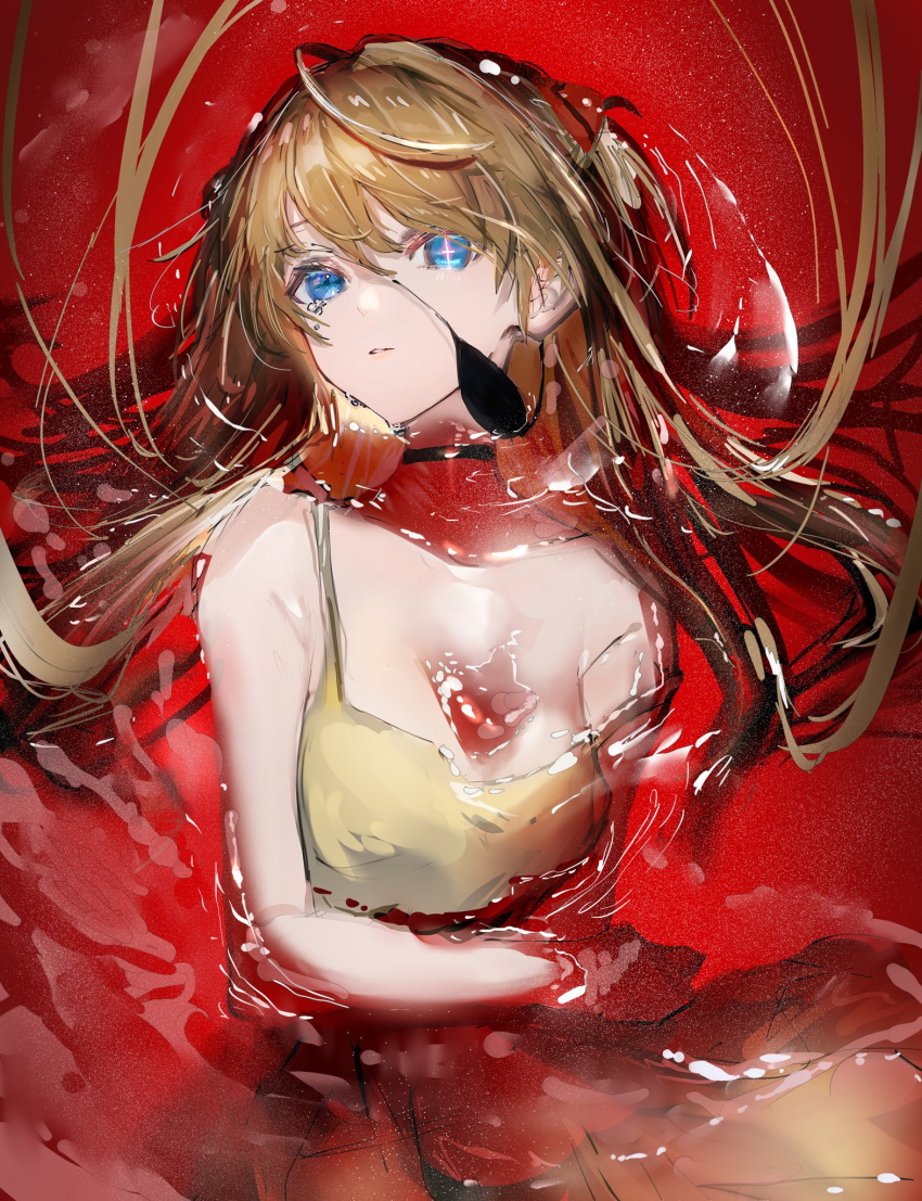 1girl bare_arms black_choker blue_eyes choker dress eyepatch eyepatch_removed highres lcl long_hair looking_at_viewer nanaponi neon_genesis_evangelion orange_dress orange_hair parted_lips red_background sleeveless sleeveless_dress solo souryuu_asuka_langley symbol-only_commentary symbol_in_eye upper_body
