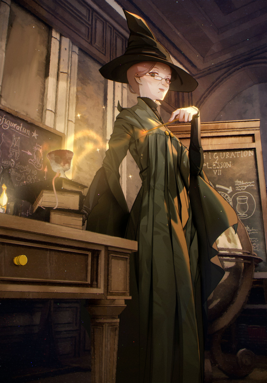 1girl absurdres black-framed_eyewear black_shirt book brown_hair chalkboard chinese_commentary commentary dress english_commentary glasses green_dress green_eyes hand_up harry_potter_(series) hat high_collar highres holding holding_wand indoors long_sleeves looking_at_viewer magic milk_ko minerva_mcgonagall mixed-language_commentary old old_woman shirt short_hair solo standing wand wide_sleeves wizard_hat