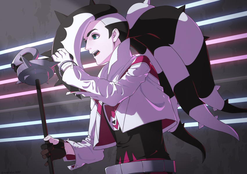 1boy asymmetrical_gloves bangs belt black_hair commentary_request cropped_jacket eyeshadow gloves green_eyes grey_eyeshadow highres holding holding_microphone jacket long_hair makeup male_focus microphone microphone_stand mismatched_gloves multicolored_hair neon_lights open_mouth pale_skin piers_(pokemon) pokemon pokemon_(game) pokemon_swsh ruinai shirt singer solo teeth tongue two-tone_hair white_hair white_jacket