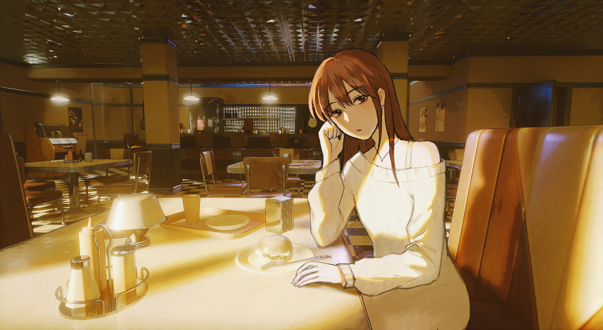 1girl bangs beige_sweater black_eyes brown_hair cafe chinese_commentary commentary dress eyebrows_visible_through_hair indoors jewelry long_hair long_sleeves looking_at_viewer maionese original parted_lips pendant sidelocks sitting solo sunlight sweater sweater_dress unreal_(medium)