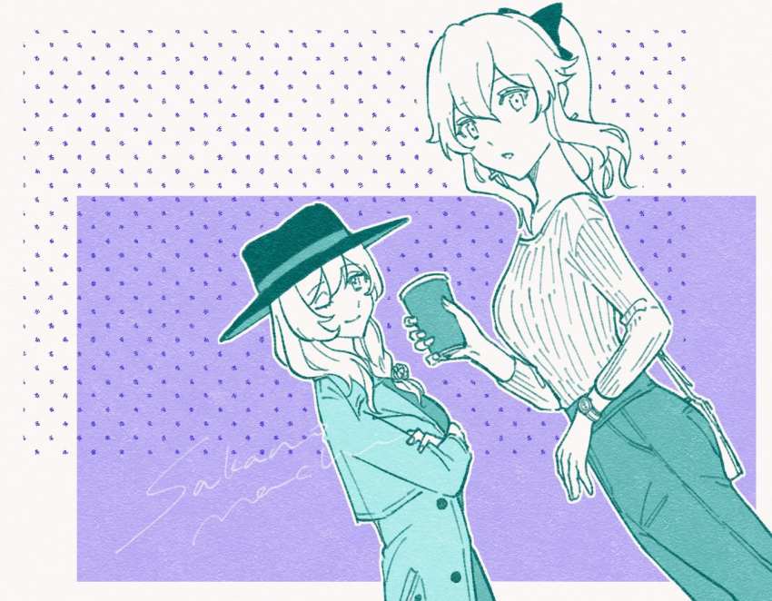 2girls alternate_costume bag bangs bow breasts closed_mouth coat cross cross_earrings crossed_arms cup disposable_cup earrings eyebrows_visible_through_hair genshin_impact hair_between_eyes hair_bow hat holding holding_cup jean_(genshin_impact) jewelry limited_palette lisa_(genshin_impact) long_hair long_sleeves looking_at_viewer medium_breasts multiple_girls one_eye_closed pants parted_lips ponytail ribbed_shirt sakanomachico shirt signature simple_background upper_body watch watch