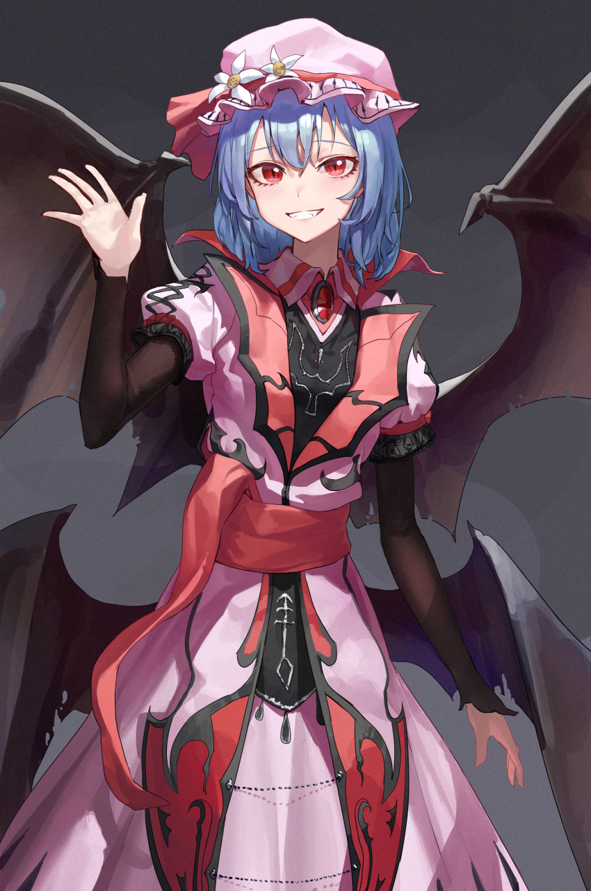 1girl absurdres black_sleeves blue_hair collared_dress commentary cowboy_shot dress english_commentary grey_background hand_up hat highres looking_at_viewer mac_star medium_hair mob_cap parted_lips pink_dress pink_headwear red_eyes remilia_scarlet simple_background smile solo touhou waving wings