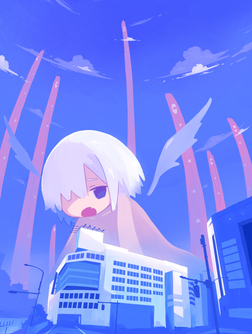 1girl absurdres blue_sky blue_theme building detached_wings fang hair_over_one_eye highres lamppost medium_hair natsu-no-kamisama open_mouth original outdoors sky solo white_hair white_wings wings