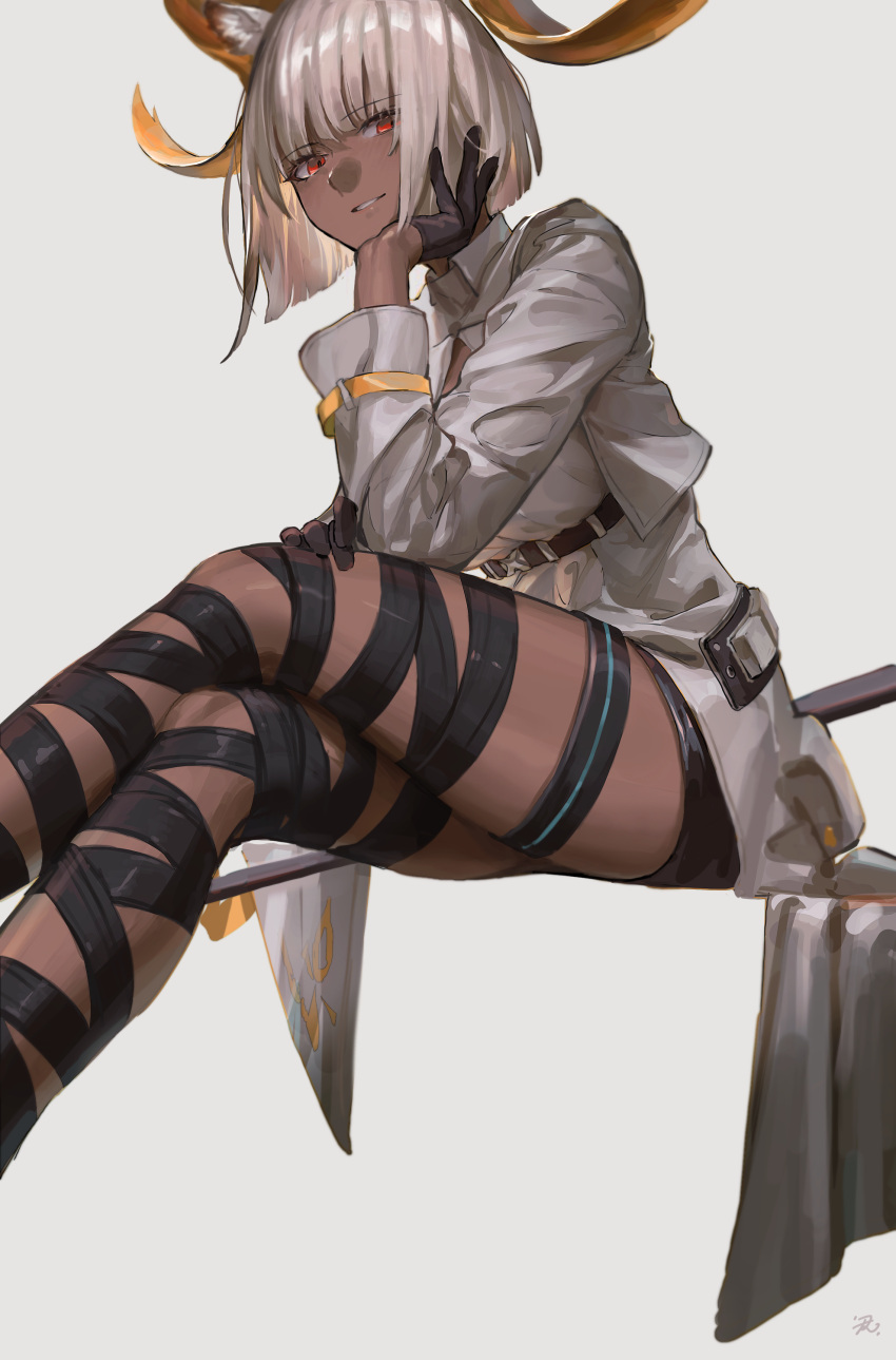 1girl absurdres animal_ears arknights bandaged_leg bandages bangs black_gloves black_skirt blunt_bangs breasts carnelian_(arknights) cropped_jacket crossed_legs dress feet_out_of_frame gloves goat_ears goat_girl goat_horns grey_dress grey_jacket hand_on_own_cheek hand_on_own_face highres horns infection_monitor_(arknights) invisible_chair jacket long_sleeves looking_at_viewer medium_breasts miniskirt open_clothes open_jacket parted_lips red_eyes short_hair silver_hair sitting skirt smile solo tentsuu_(tentwo) thighlet thighs underbust