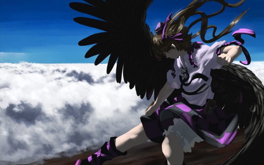 1girl above_clouds bangs black_legwear black_skirt black_wings bloomers blue_sky bow brown_eyes brown_hair cellphone checkered_clothes checkered_skirt clouds cloudy_sky collared_shirt commentary_request day expressionless eyebrows_visible_through_hair feathered_wings feet_out_of_frame hair_bow hat highres himekaidou_hatate kajatony leg_ribbon long_hair looking_afar open_mouth outdoors phone puffy_short_sleeves puffy_sleeves purple_bow purple_ribbon purple_skirt ribbon shirt short_sleeves skirt sky socks solo tokin_hat touhou underwear white_shirt wings