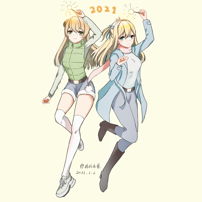 2021 2girls artist_name bangs belt blonde_hair blue_eyes blue_jacket blue_pants blue_shorts boots breasts brown_footwear casual closed_mouth dated double_bun eyebrows_visible_through_hair full_body girls_frontline green_eyes green_vest hair_ribbon hairband hand_up highres holding jacket long_hair long_sleeves looking_at_viewer multiple_girls open_clothes open_jacket over-kneehighs pants rfb_(girls'_frontline) ribbon sakatakin shirt shoes shorts side_ponytail sneakers standing standing_on_one_leg suomi_(girls'_frontline) thigh-highs vest white_footwear white_legwear white_shirt yellow_background