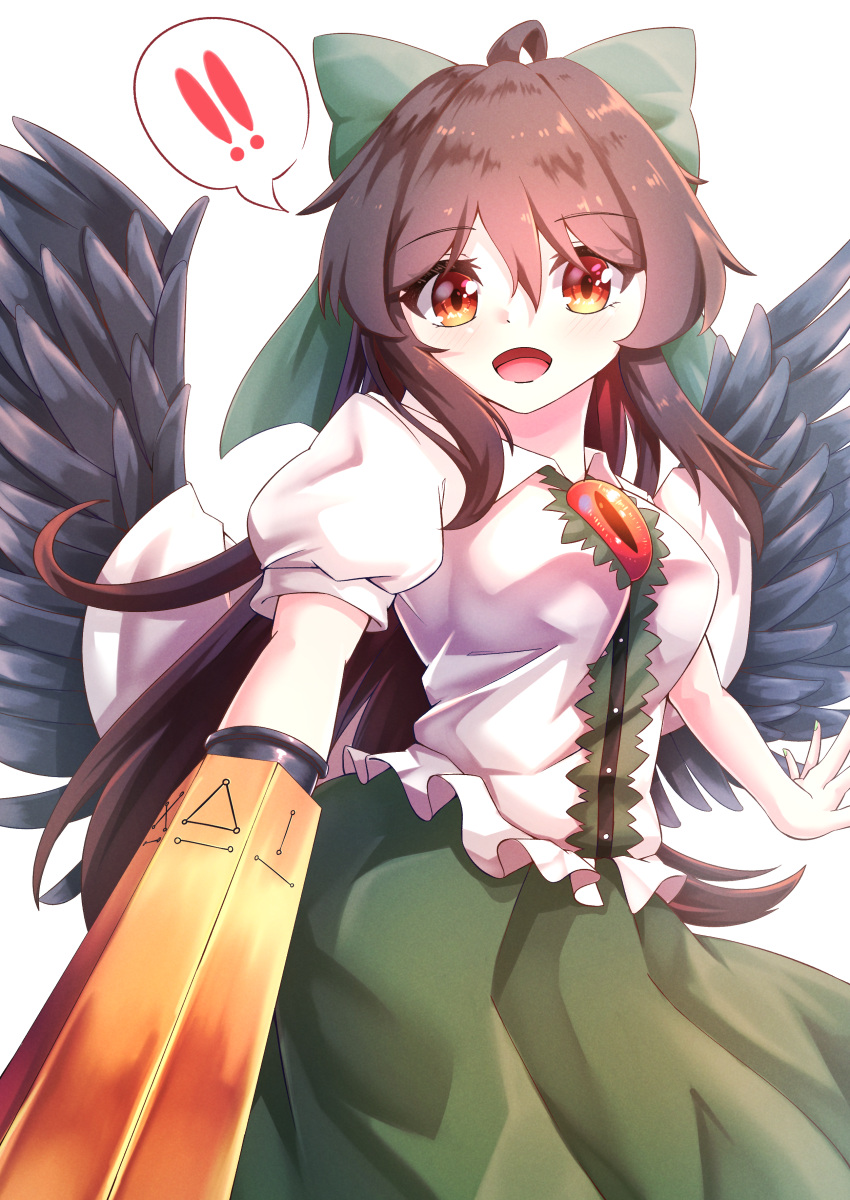 ! !! 1girl absurdres ahoge arm_cannon bangs bird_wings black_wings blush bow breasts brown_eyes brown_hair buttons cape center_frills collared_shirt commentary control_rod cowboy_shot eyebrows_visible_through_hair frills green_bow green_skirt hair_between_eyes hair_bow highres long_hair looking_at_viewer medium_breasts open_mouth puffy_short_sleeves puffy_sleeves reiuji_utsuho shirt short_sleeves simple_background skirt smile solo spoken_exclamation_mark suzuki_eiru third_eye touhou weapon white_background white_cape white_shirt wings