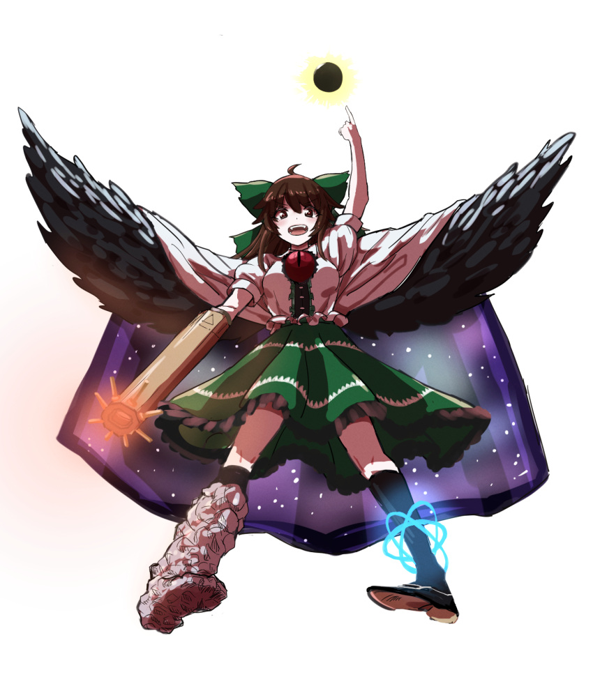 1girl alinoce716 arm_cannon arm_up asymmetrical_footwear bangs bird_wings black_legwear black_sun black_wings bow breasts brown_eyes brown_hair cape collared_shirt commentary_request control_rod eyebrows_visible_through_hair frilled_shirt frilled_skirt frills full_body green_bow green_skirt hair_bow highres kneehighs large_breasts long_hair looking_at_viewer looking_down mismatched_footwear open_mouth pointing pointing_up puffy_short_sleeves puffy_sleeves reiuji_utsuho shirt shoes short_sleeves simple_background single_shoe skirt solo starry_sky_print sun third_eye touhou weapon white_background white_cape white_shirt wings