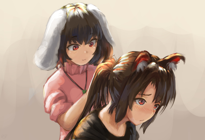 2girls :3 absurdres alternate_hairstyle animal_ear_fluff animal_ears bangs black_hair blush brown_hair carrot_necklace closed_mouth commentary dress eyebrows_visible_through_hair floppy_ears frilled_dress frills haneda_tomo highres imaizumi_kagerou inaba_tewi long_hair looking_at_another multiple_girls pink_dress ponytail puffy_short_sleeves puffy_sleeves rabbit_ears red_eyes short_hair short_sleeves touhou upper_body wolf_ears