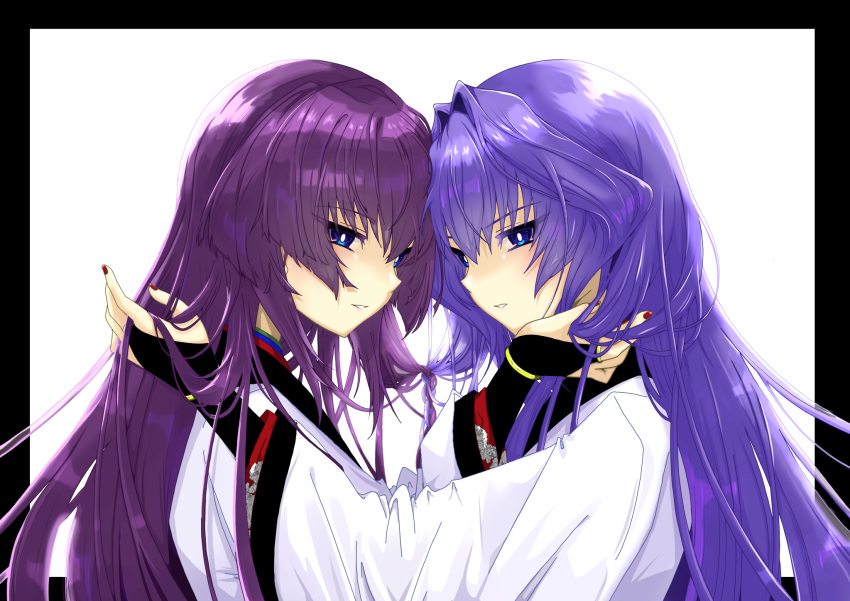 2girls black_border blue_eyes blue_hair blush border bright_pupils from_side hair_intakes highres japanese_clothes kamon_rider kimono koubuin_yuuhi long_hair looking_ahead mitsurugi_meiya multiple_girls muvluv muvluv_alternative outside_border parted_lips purple_hair red_nails siblings sisters spoilers twins white_background white_kimono white_pupils