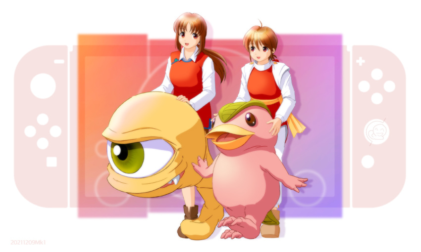 2girls :d ahoge ankle_boots boots brown_hair colt_(monster_farm) creature eyebrows_visible_through_hair game_console hair_between_eyes holly_(monster_farm) long_hair long_sleeves looking_at_another mocchi_(monster_farm) monster_farm multiple_girls nintendo_switch pants pipoo ponytail red_eyes short_hair smile suezo white_pants