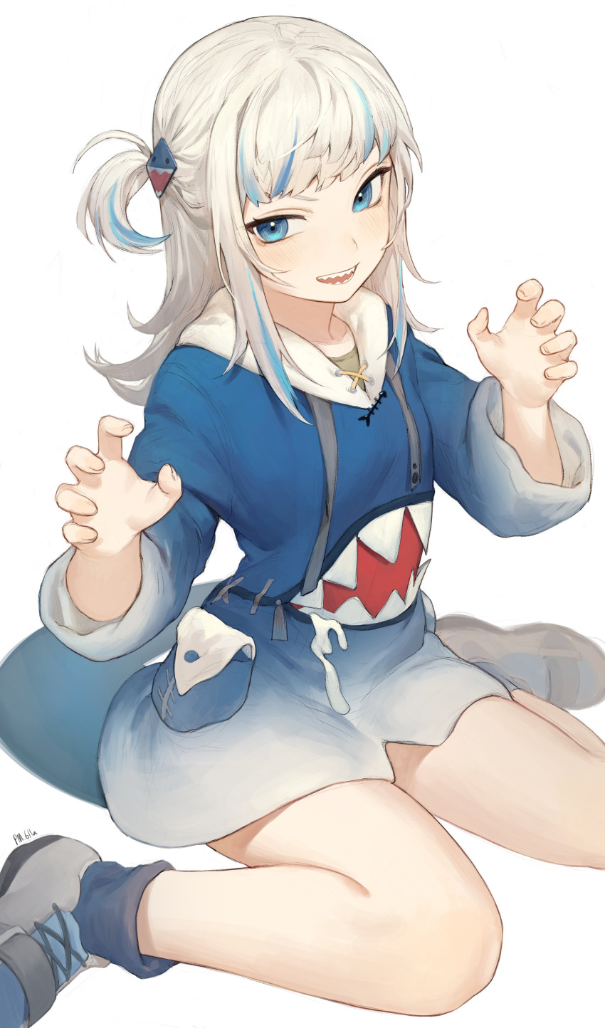 1girl absurdres animal_hood bangs blue_eyes blue_footwear blue_hair claw_pose fingernails full_body gawr_gura highres hololive hololive_english hood hoodie light_blush long_hair looking_at_viewer multicolored_hair open_mouth p_(pm_611a) shark_hood sharp_teeth shoes sidelocks signature simple_background solo streaked_hair tail teeth white_background white_hair