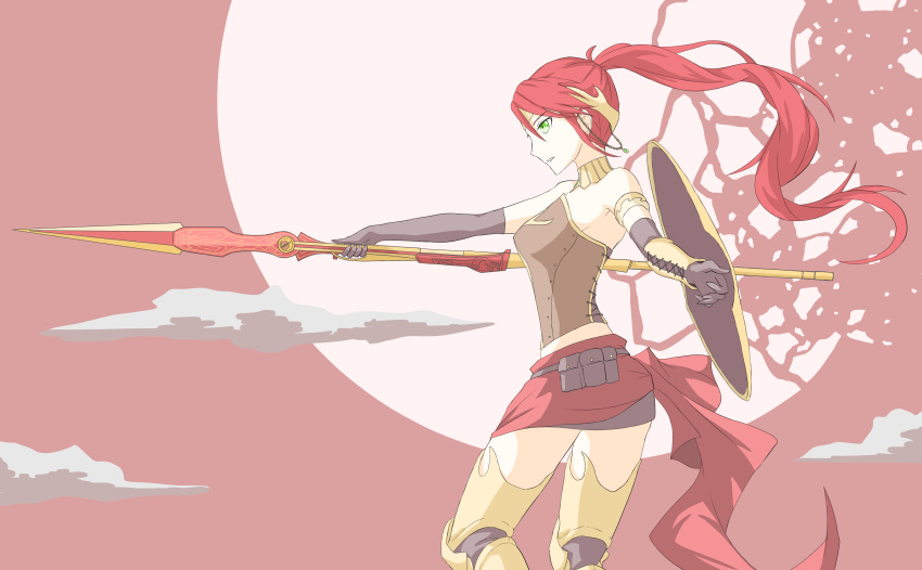 1girl absurdres armor armored_legwear armpits bare_shoulders breasts corset elbow_gloves from_side full_moon gloves green_eyes highres jewelry long_hair medium_breasts midriff moon neck_ring pink_sky polearm pyrrha_nikos redhead rwby shield solo spear thigh-highs thighs tsukimizake weapon