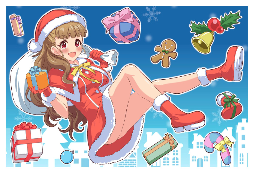 1girl :d bangs bell blunt_bangs boots brown_hair candy candy_cane capelet christmas commentary dress english_commentary eyebrows eyebrows_visible_through_hair floating food gift gingerbread_man gloves hat highres holding holding_gift holding_sack holly idolmaster idolmaster_cinderella_girls kamiya_nao knee_up long_hair looking_at_viewer melnia0916 mixed-language_commentary open_mouth over_shoulder red_capelet red_dress red_eyes red_footwear red_gloves red_headwear sack santa_boots santa_dress santa_gloves santa_hat short_dress smile solo