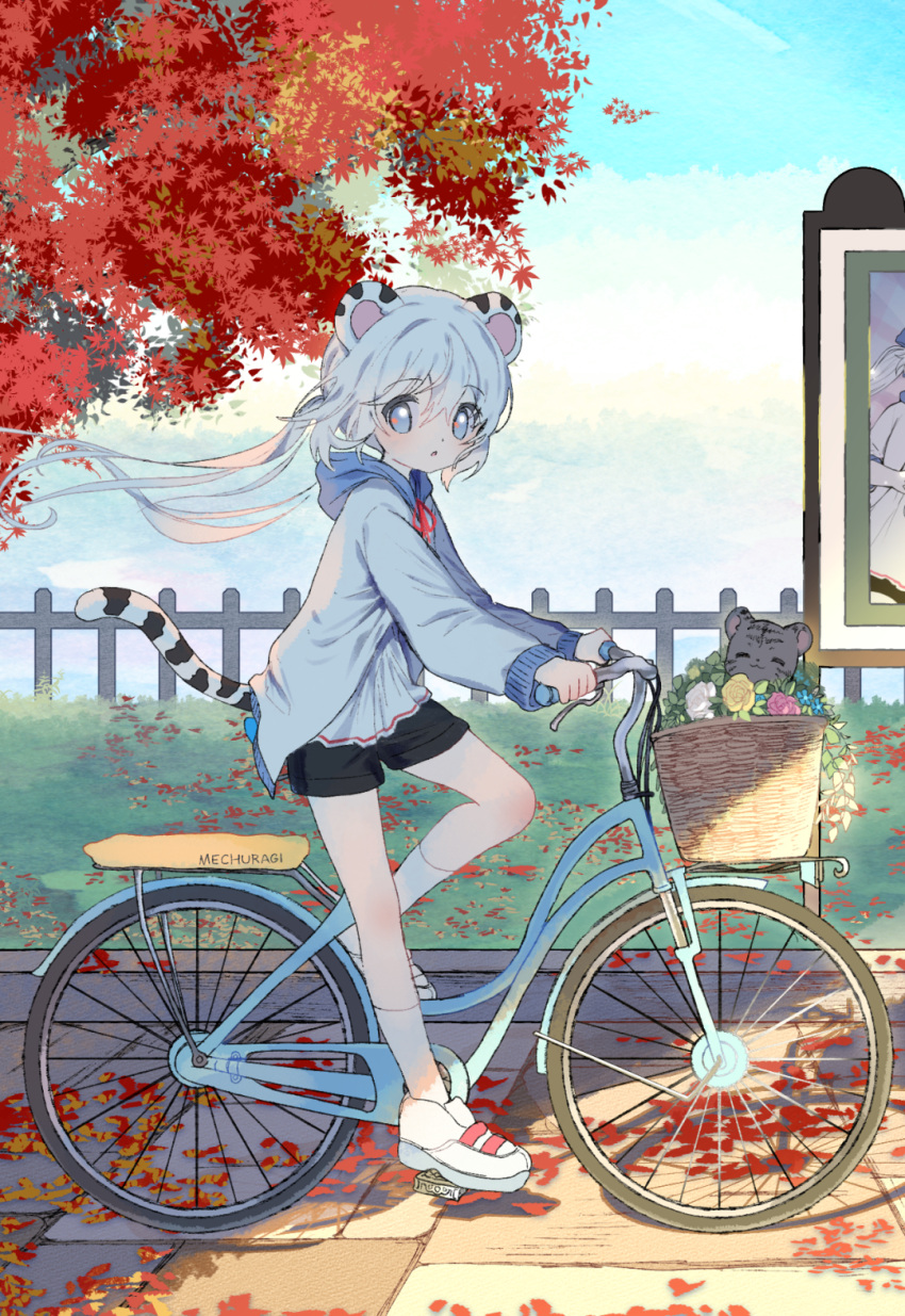 1girl animal animal_ears artist_name bangs bicycle bicycle_basket black_shorts blue_eyes blue_flower blue_sky cat closed_eyes clouds cloudy_sky day eyebrows_visible_through_hair flower ground_vehicle hair_between_eyes highres hood hood_down hooded_jacket jacket long_hair looking_at_viewer looking_to_the_side low_twintails mechuragi neck_ribbon open_clothes open_jacket original outdoors parted_lips pink_flower pink_rose red_ribbon ribbon rose shirt short_shorts shorts signature sky socks solo tail tiger_ears tiger_girl tiger_tail tree twintails very_long_hair white_flower white_hair white_jacket white_legwear white_rose white_shirt yellow_flower yellow_rose