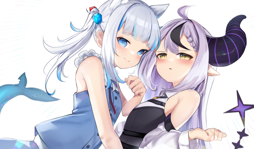 2girls animal_ears armpit_crease bangs bare_shoulders blue_eyes blunt_bangs blush cat_ears closed_mouth detached_sleeves dress eyebrows_visible_through_hair fish_tail gawr_gura highres hololive hololive_english horns la+_darknesss light_purple_hair looking_at_viewer multicolored_hair multiple_girls open_mouth paw_pose pinafore_dress pointy_ears shark_tail sidelocks sleeveless sleeveless_dress smile somray streaked_hair tail two_side_up upper_body virtual_youtuber yellow_eyes