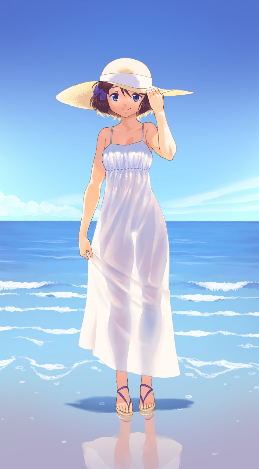 1girl absurdres blue_eyes blue_sky brown_hair clouds commission dress gloamy hand_on_headwear hat highres horizon looking_at_viewer ocean original reflection see-through_dress see-through_silhouette short_hair sky smile solo straw_hat sundress thighs translucent water