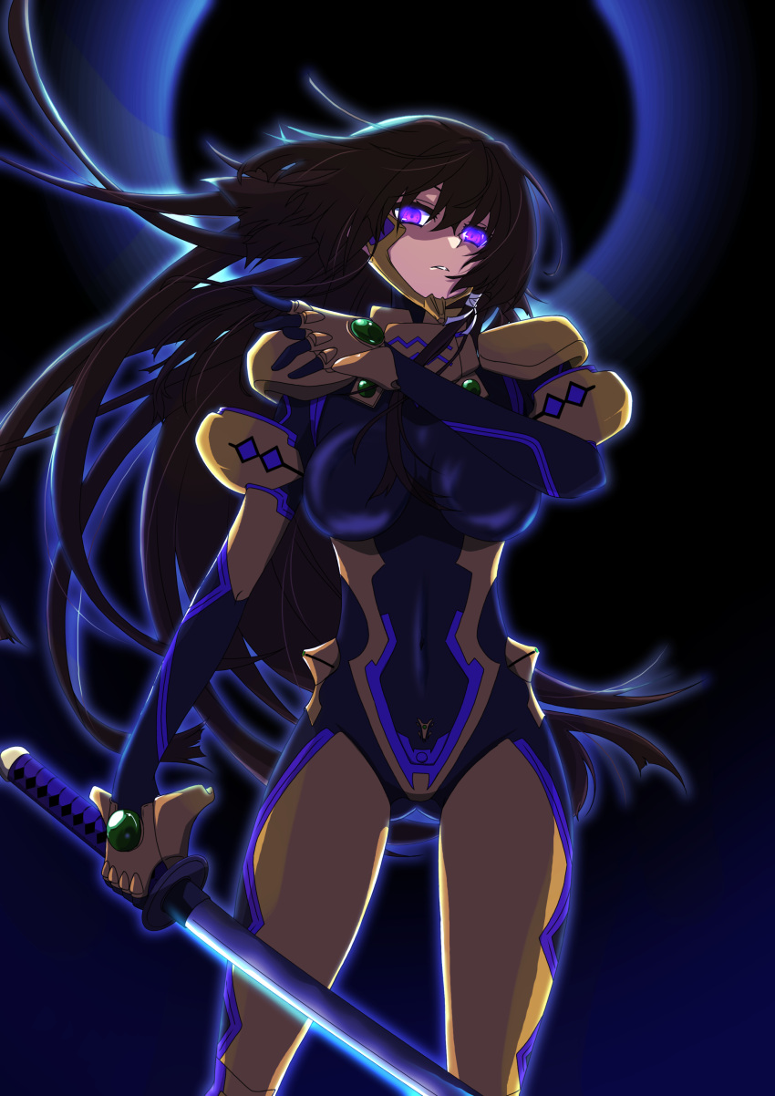 1girl absurdres backlighting bodysuit breasts brown_hair covered_navel eyebrows_behind_hair floating_hair fortified_suit glowing glowing_eyes head_tilt highres holding holding_sword holding_weapon kamon_rider katana large_breasts long_hair muvluv muvluv_alternative muvluv_total_eclipse open_hand pilot_suit solo sword takamura_yui violet_eyes weapon