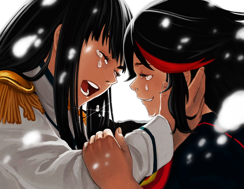 black_hair close-up epaulettes hand_on_another's_face happy high_collar hug junketsu kamui_(kill_la_kill) kill_la_kill kiryuuin_satsuki living_clothes long_hair matoi_ryuuko multicolored_hair out_of_character pleated_skirt redhead school_uniform scissor_blade senketsu serafuku short_hair siblings sisters skirt streaked_hair tears thick_eyebrows touching_another yue_(tada_no_saboten)