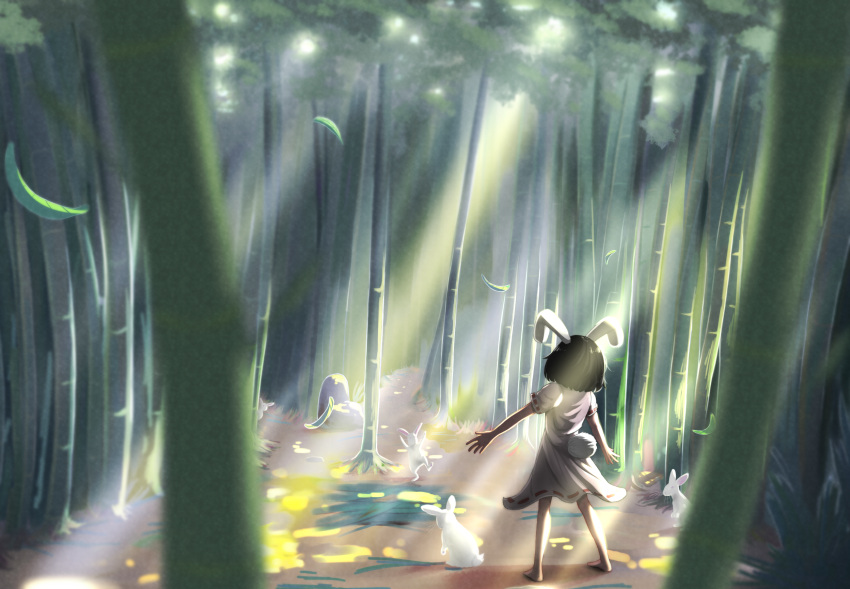 1girl animal_ears bamboo bamboo_forest black_hair carrot_necklace commentary dappled_sunlight day dress english_commentary floppy_ears forest full_body highres inaba_tewi nature outdoors pink_dress rabbit rabbit_ears rabbit_tail revenge_(vengerezn) ribbon-trimmed_dress short_hair solo standing sunlight tail touhou