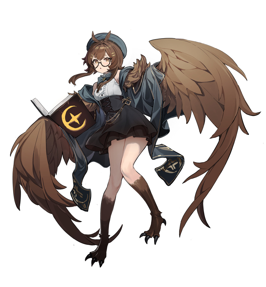 1girl absurdres bangs beret bird_legs black_skirt book brown_eyes brown_hair brown_wings clover_theater feathered_wings full_body grey_headwear grey_jacket hair_ornament hairclip harpy hat high-waist_skirt highres jacket kyo_(krokikyon) long_hair looking_at_viewer monster_girl norris_(clover_theater) open_book open_clothes open_jacket parted_lips semi-rimless_eyewear shirt simple_background skirt sleeveless sleeveless_shirt solo standing white_background white_shirt winged_arms wings