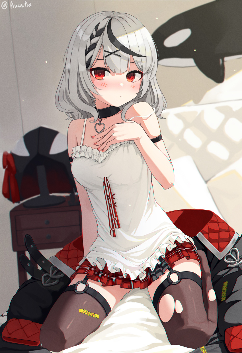 1girl absurdres arm_strap auuufox bangs bare_shoulders black_collar black_hair black_jacket black_legwear blunt_bangs blush braid breasts camisole caution_tape collar drawer garter_straps hand_on_own_chest heart_collar highres hololive jacket jacket_removed looking_at_viewer medium_breasts medium_hair multicolored_hair on_bed orca orca_hood plaid plaid_skirt red_eyes red_skirt sakamata_chloe seiza silver_hair single_braid sitting skirt solo strap_slip streaked_hair thigh-highs torn_clothes torn_legwear twitter_username two-tone_hair virtual_youtuber white_camisole zettai_ryouiki