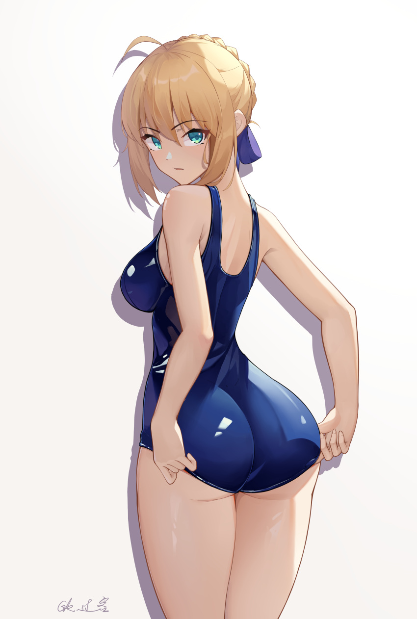 1girl absurdres adjusting_clothes adjusting_swimsuit ahoge aqua_eyes artoria_pendragon_(fate) ass bangs bare_arms bare_shoulders blonde_hair blue_ribbon blue_swimsuit braid breasts competition_swimsuit cowboy_shot eyebrows_visible_through_hair fate/stay_night fate_(series) from_behind gk_guoke hair_ribbon highres looking_at_viewer looking_back medium_breasts one-piece_swimsuit parted_lips ribbon saber short_hair sidelocks signature smile solo swimsuit thighs