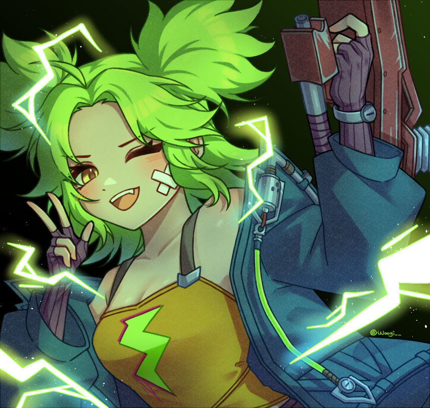 ;d ahoge bandaid bandaid_on_face blue_jacket breasts brown_gloves dark_background electricity electrokinesis fingerless_gloves gloves green_hair gun hand_up highres holding holding_gun holding_weapon jacket league_of_legends lightning_bolt_symbol medium_breasts nhom_(woogi) one_eye_closed open_clothes open_jacket parted_bangs smile tank_top twintails w weapon yellow_eyes yellow_tank_top zeri_(league_of_legends)