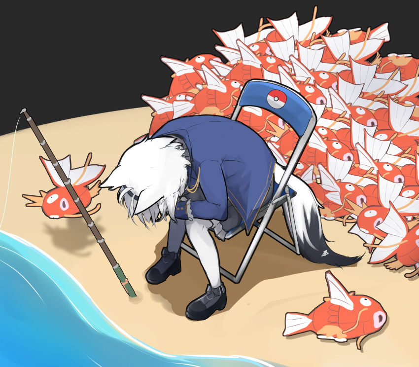 1girl absurdres animal_ears beach chair fish fishing_rod fox_ears fox_girl fox_tail hairband hand_on_own_face highres hololive jacket magikarp neon_genesis_evangelion pantyhose parody pokemon pokemon_(creature) pokemon_(game) sand shirakami_fubuki shuuzo3 sitting solo tail virtual_youtuber white_hair white_legwear