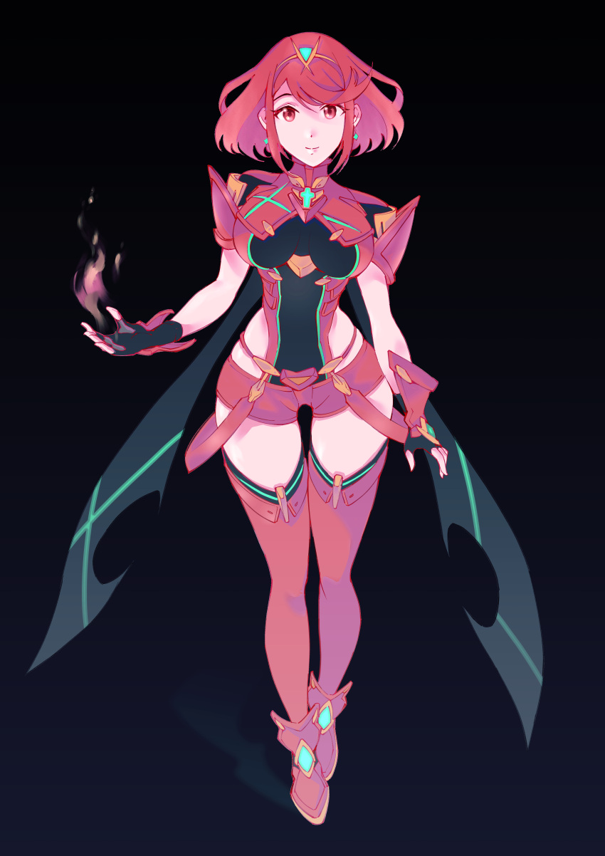 1girl absurdres bangs black_gloves breasts chest_jewel earrings fingerless_gloves gem gloves headpiece highres jewelry large_breasts pyra_(xenoblade) red_eyes red_legwear red_shorts redhead short_hair short_shorts shorts solo swept_bangs thigh-highs tiara ug333333 xenoblade_chronicles_(series) xenoblade_chronicles_2