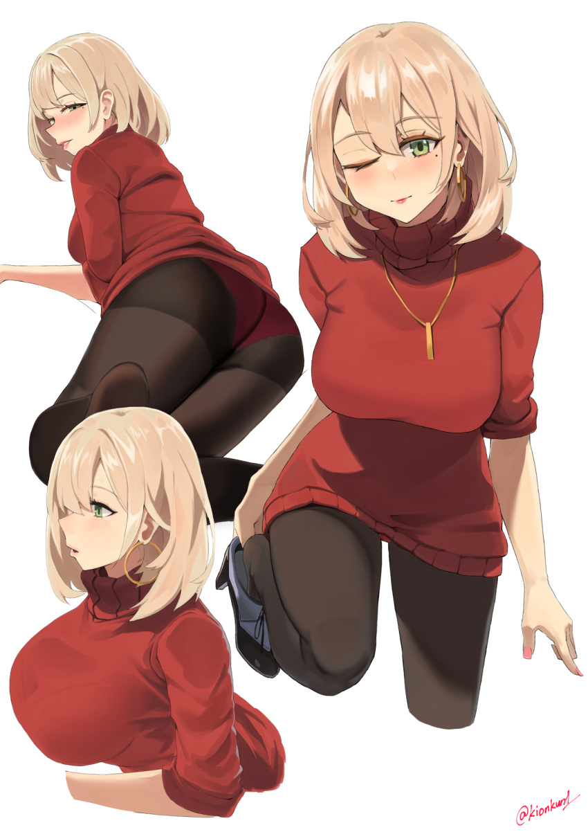 1girl artist_name ass bangs black_footwear black_legwear blonde_hair blush breasts christmas closed_mouth commentary_request crotch_seam earrings eyebrows_visible_through_hair full_body girls_frontline green_eyes highres hoop_earrings jewelry kion-kun lips looking_at_viewer looking_away medium_breasts medium_hair merry_christmas mole mole_under_eye nail_polish necklace one_eye_closed open_mouth panties panties_under_pantyhose pantyhose pink_nails px4_storm_(girls'_frontline) red_panties red_sweater shoes sitting smile solo sweater turtleneck twitter_username underwear white_background