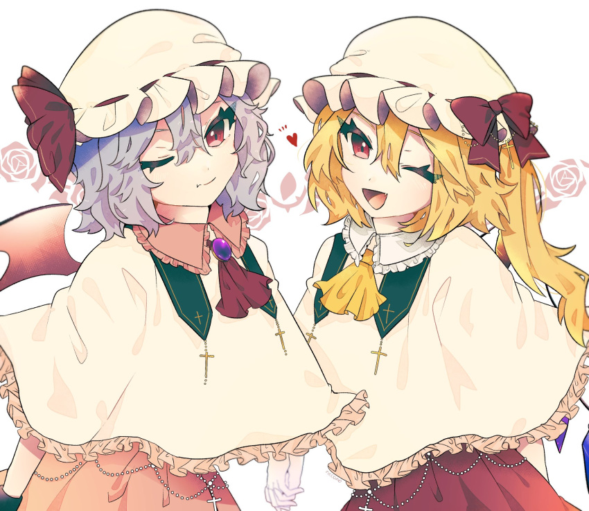 2girls ;d amethyst_(gemstone) ascot bangs bat_wings beads blonde_hair blush bow brooch capelet commentary_request cross crystal dot_nose eyelashes fang fang_out flandre_scarlet frilled_shirt_collar frills hair_between_eyes hat hat_bow hat_ribbon highres holding_hands jewelry looking_at_viewer mob_cap multiple_girls necono_(nyu6poko) one_eye_closed one_side_up open_mouth purple_hair red_ascot red_bow red_ribbon remilia_scarlet ribbon shiny shiny_hair short_hair_with_long_locks siblings side_ponytail sidelocks simple_background sisters skin_fang slit_pupils smile standing tongue touhou white_capelet white_headwear wings yellow_ascot