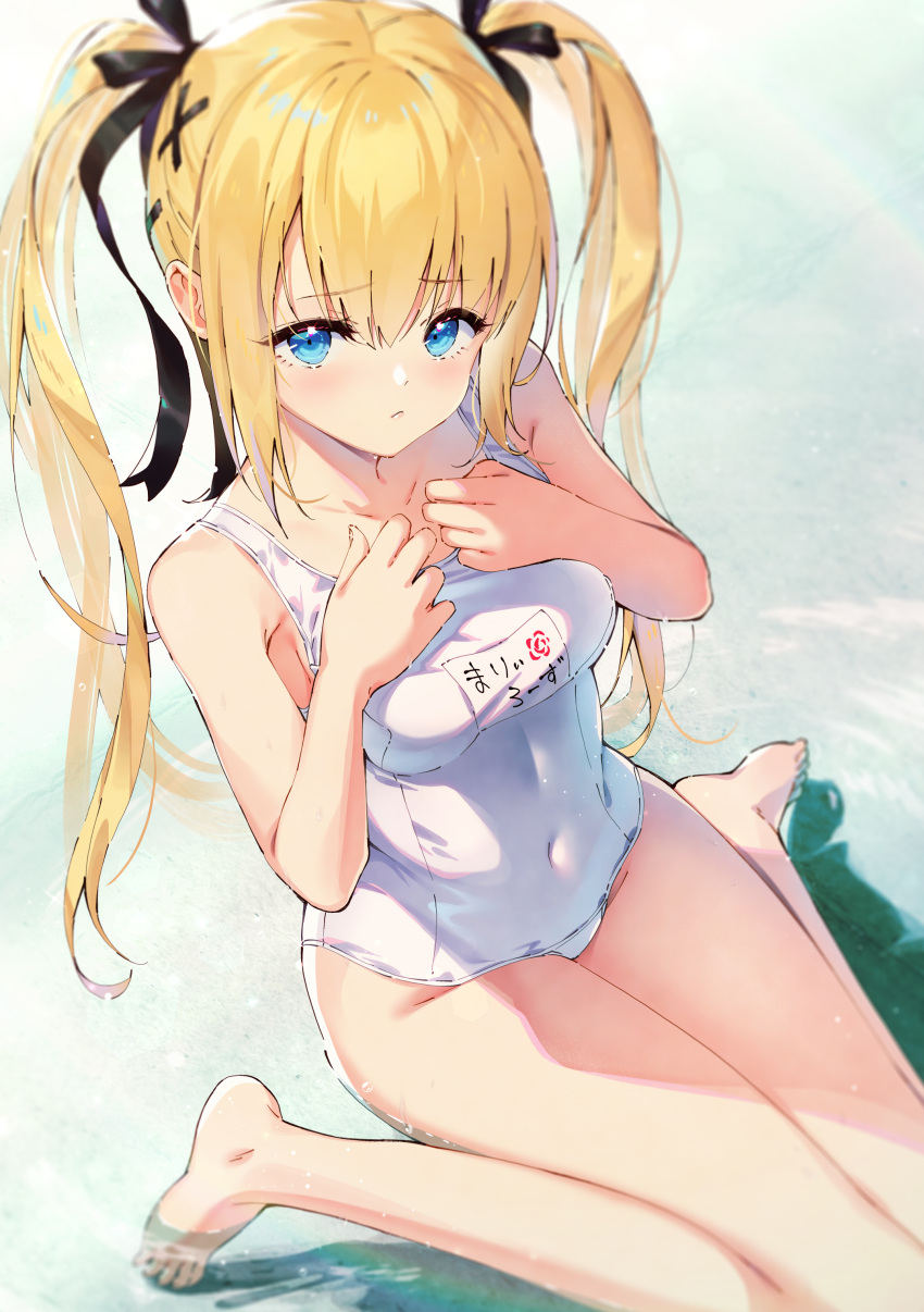 1girl absurdres bangs bare_shoulders barefoot blonde_hair blue_eyes blush bow breasts closed_mouth collarbone commentary_request covered_navel dead_or_alive dead_or_alive_5 dead_or_alive_xtreme eyebrows_visible_through_hair fingernails hair_bow hair_ornament hands_on_own_chest hands_up highres long_hair marie_rose medium_breasts michie_sticker simple_background sitting solo swimsuit thighs tied_hair toes twintails wariza water wet white_swimsuit x_hair_ornament