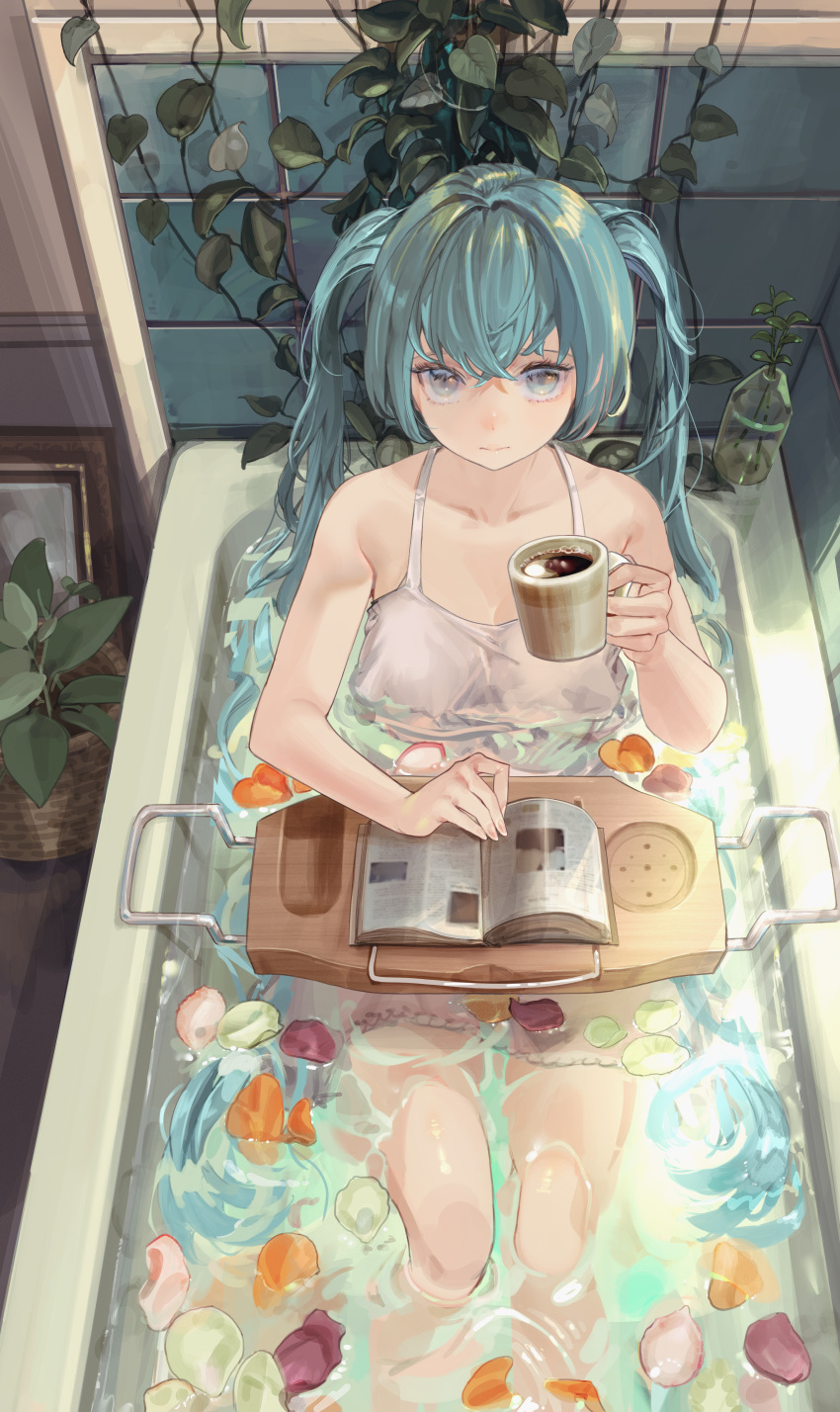 1girl absurdres aqua_eyes aqua_hair bath bathing bathtub bloomers hatsune_miku highres long_hair looking_at_viewer nik_ibi sleeveless solo twintails underwear very_long_hair vocaloid water wet