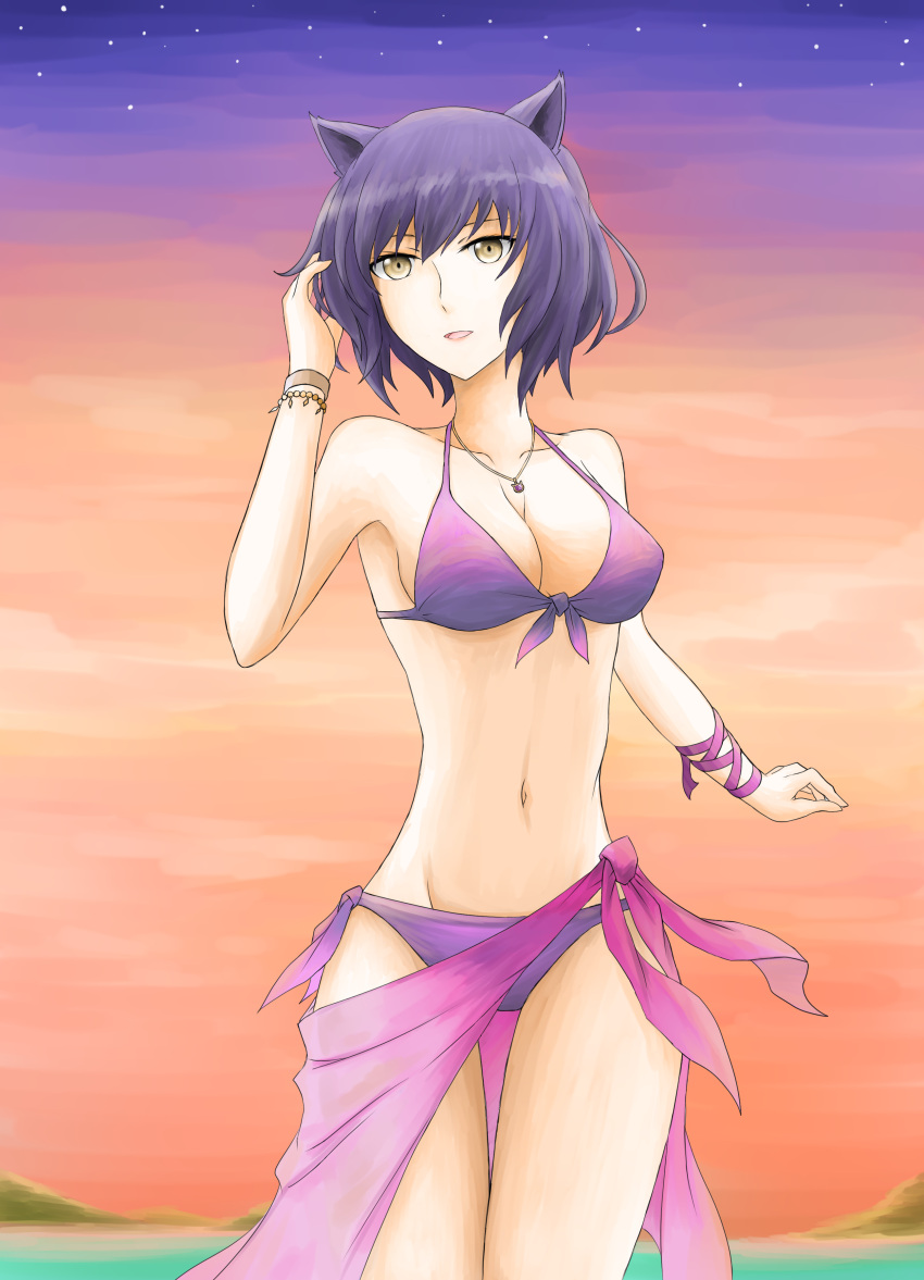 1girl absurdres animal_ears bikini blake_belladonna bracelet breasts cat_ears front-tie_top groin halter_top halterneck hand_in_hair highres jewelry medium_breasts navel necktie ocean purple_bikini purple_hair purple_sarong ribbon rwby sarong smile solo sunset swimsuit tsukimizake wrist_ribbon yellow_eyes