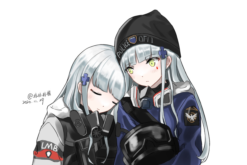 2girls agent_416_(girls'_frontline) artist_name bangs black_headwear blush closed_eyes closed_mouth dated eyebrows_visible_through_hair gas_mask girls_frontline green_eyes hair_ornament hairclip hat helmet highres hk416_(fang)_(girls'_frontline) hk416_(girls'_frontline) holding holding_helmet jacket light_blue_hair long_hair looking_at_another mask mask_around_neck multiple_girls police police_hat police_uniform sakatakin teardrop_facial_mark teardrop_tattoo uniform upper_body white_background