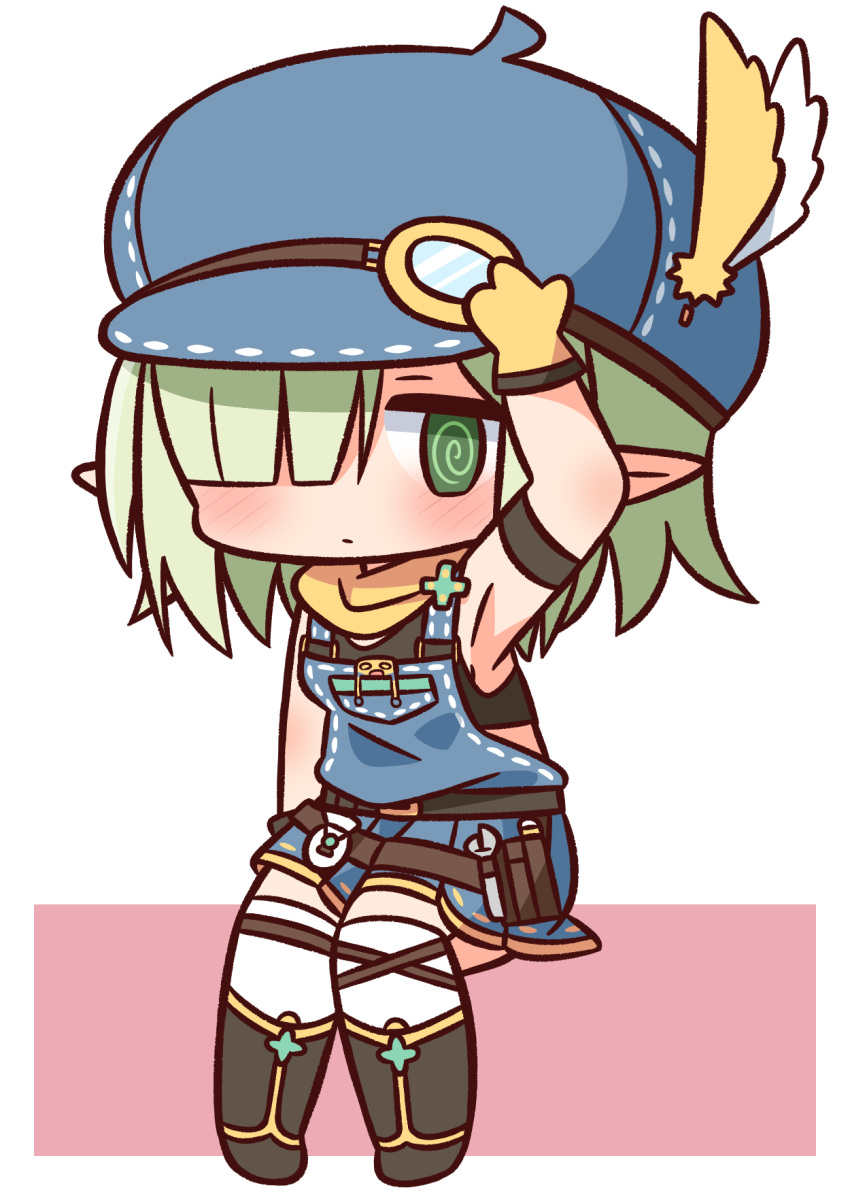 1girl @_@ aoi_(princess_connect!) arm_up armpits bare_shoulders black_footwear black_tank_top blue_headwear blush boots cabbie_hat chibi feathers full_body gloves green_eyes green_hair hair_over_one_eye hana_kazari hat hat_feather highres looking_at_viewer overall_skirt pink_background pointy_ears princess_connect! sitting solo tank_top thigh-highs thighhighs_under_boots two-tone_background white_background white_feathers white_legwear yellow_feathers yellow_gloves